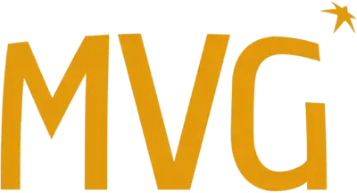 Stora orange bokstäver "MVG" med en liten orange stjärna ovanför det övre högra hörnet av "G" på en vit bakgrund.