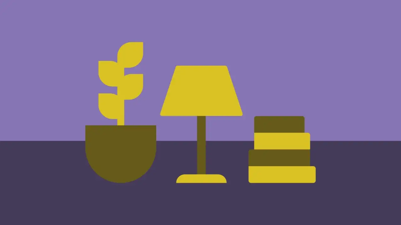 En minimalistisk illustration av en gul krukväxt, en gul bordslampa och en bunt med tre gula böcker mot en tvåfärgad lila bakgrund.