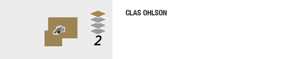 Karta som visar Clas Ohlsons placering på andra våningen, brunmarkerad, med fyra diamanter och siffran 2 som anger våningsplanet till vänster. På höger sida finns texten "CLAS OHLSON" på vit bakgrund.