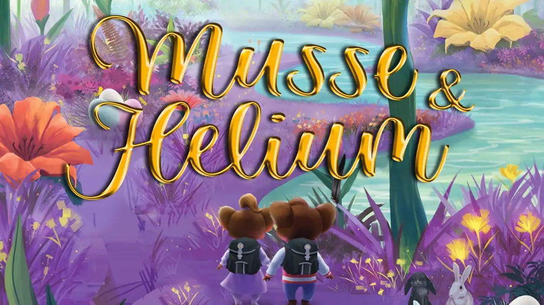 Två små möss med ryggsäckar går genom ett livfullt, lila och orange fantasilandskap mot en damm. Stor gul text lyder "Musse & Helium". Andra djur, blommor och träd omger stigen.